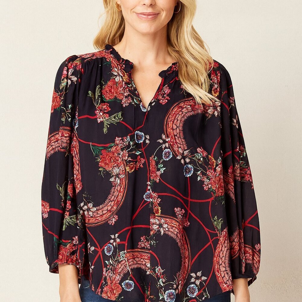 Cupio Black Red Floral Blouse Medium | Ruffle Sleeve Long Sleeve EUC